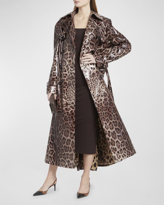 Leopard Print Belted Shiny Long Trench Coat