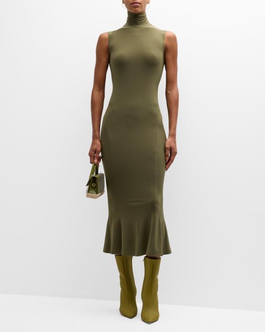 norma kamali fishtail midi dress Norma Kamali Sleeveless Turtle Fishtail Sleeveless Midi Dress