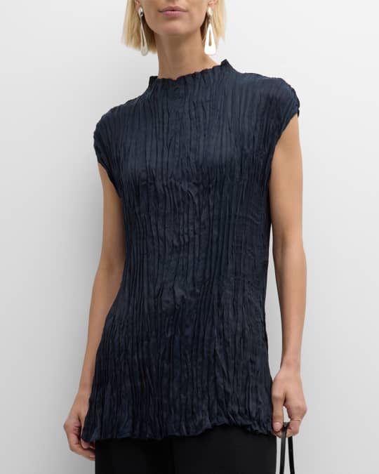 Crinkled Mock Neck Cap Sleeve Tunic
