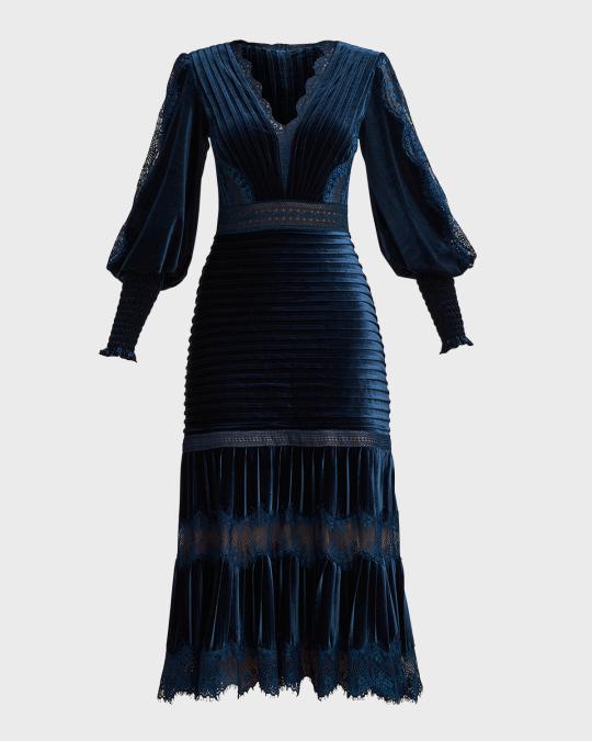 lace pintuck long sleeve cocktail dress tadashi shoji Tadashi Shoji Embroidered Lace Long Sleeve Cocktail Dress in Blue