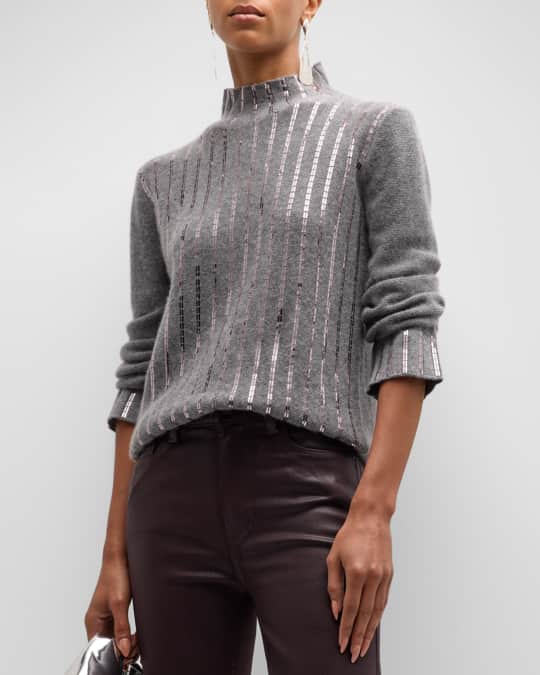 Neiman Marcus Cashmere Collection Cashmere Ribbed Sweater with Embellished Stripes Neiman Marcus