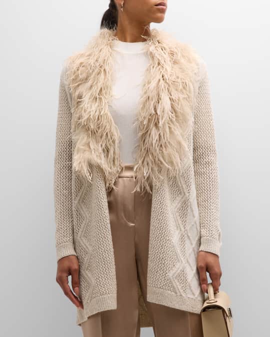 Cashmere Cable Knit Cardigan with Feather Trim