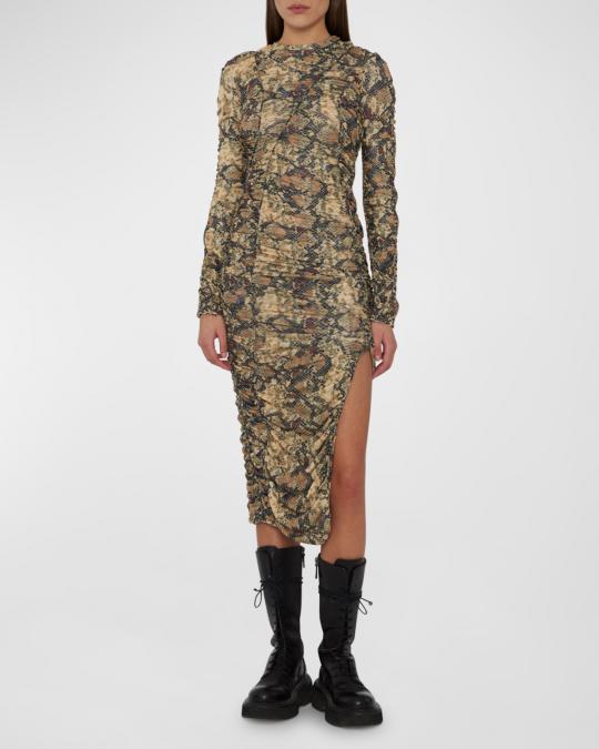ruched snake print dress Ruched Shoulder Pad Draped Front Mini Dress In Multi Snake Print | EGO US