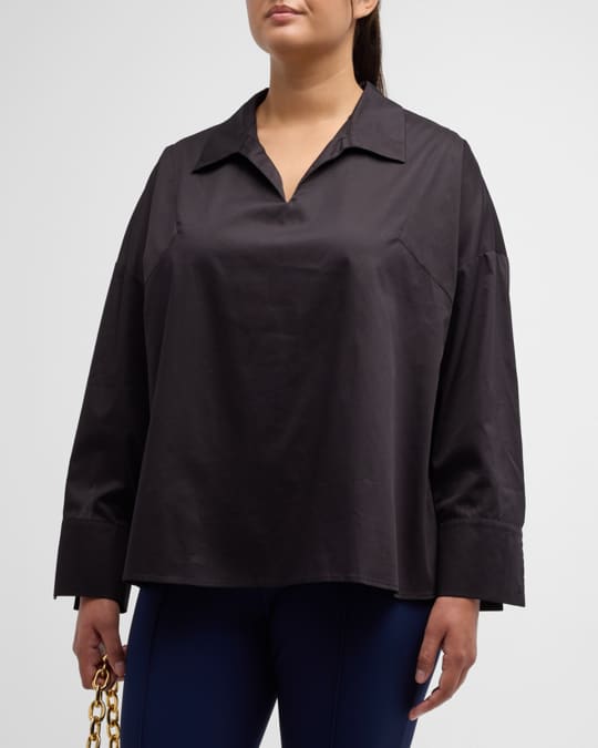 Harshman Plus Size Enid Gathered V Neck Cotton Blouse Neiman Marcus