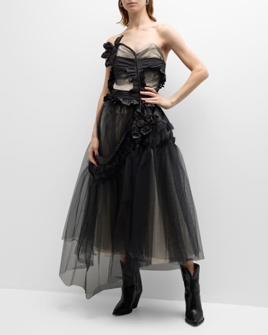 Maison Margiela Flower-Applique Ruffle Tulle Strapless Midi Dress | Neiman  Marcus