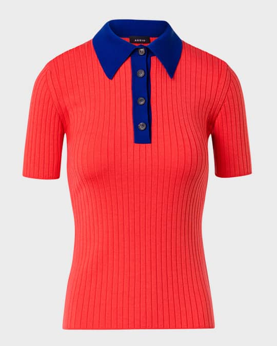 Silk Cotton Ribbed Knit Polo Top