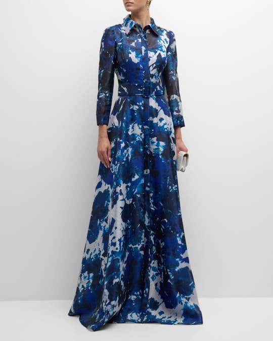 Rickie Freeman for Teri Jon Belted Floral Print Organza Shirt Gown