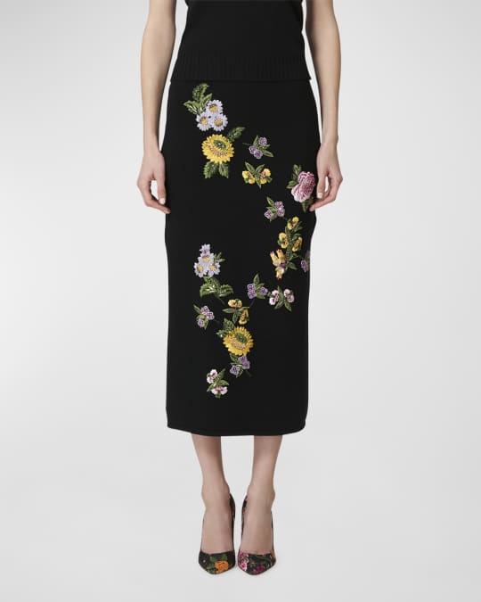 Floral embroidered midi pencil skirt sale