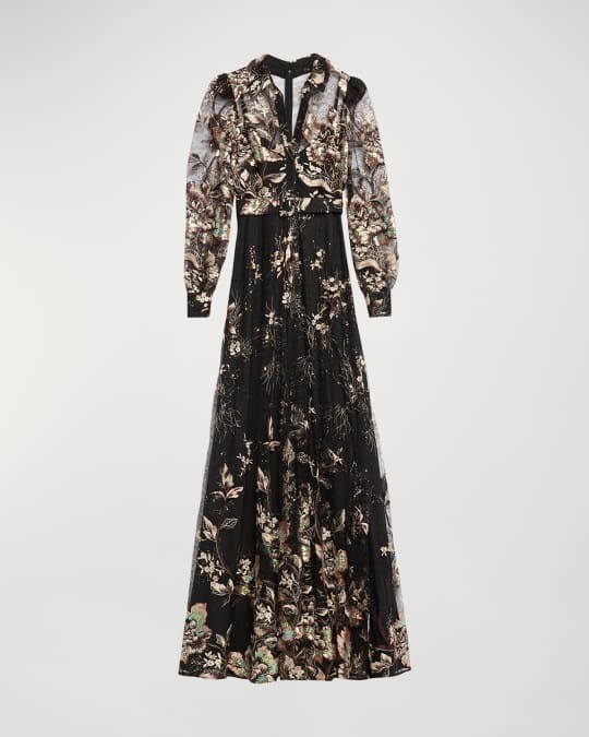 Badgley Mischka Collection Belted Embroidered Sequin Lace Shirt Gown Neiman Marcus