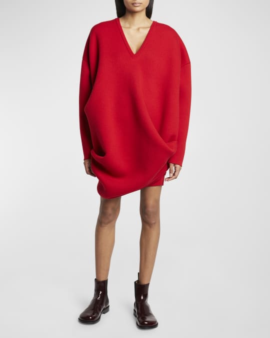 Loewe V-Neck Long-Sleeve Draped Knit Mini Dress | Neiman Marcus