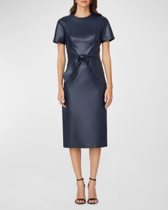 Rhonda Belted Faux Leather Midi Sheath Dress