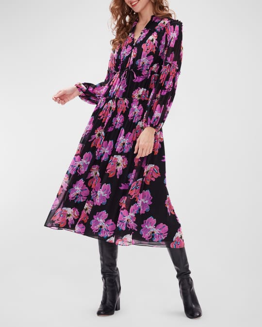 Diane von Furstenberg Link Floral Print Ruffle Trim Midi Dress