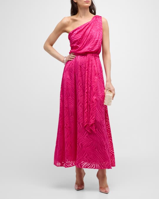 PINKO Agave Long One-Shoulder Sash-Tie Crepe Dress | Neiman Marcus