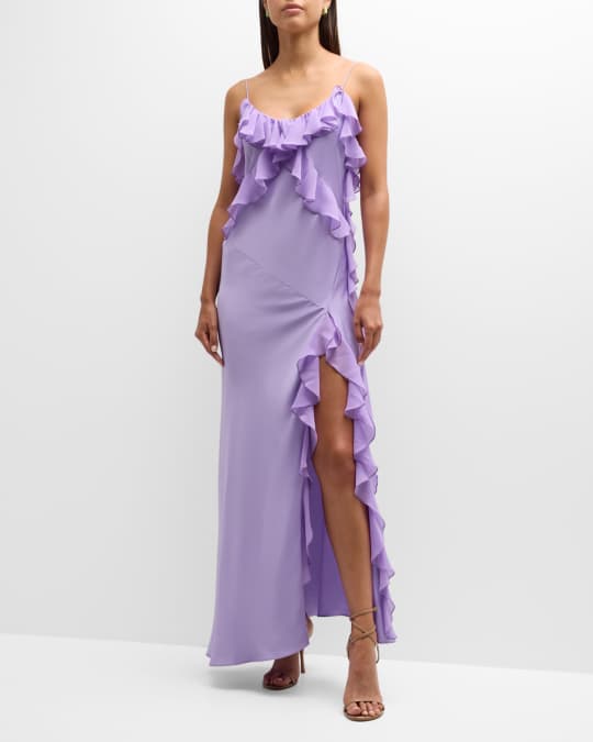 PINKO Fermione Long Ruffle Satin Slit Dress | Neiman Marcus