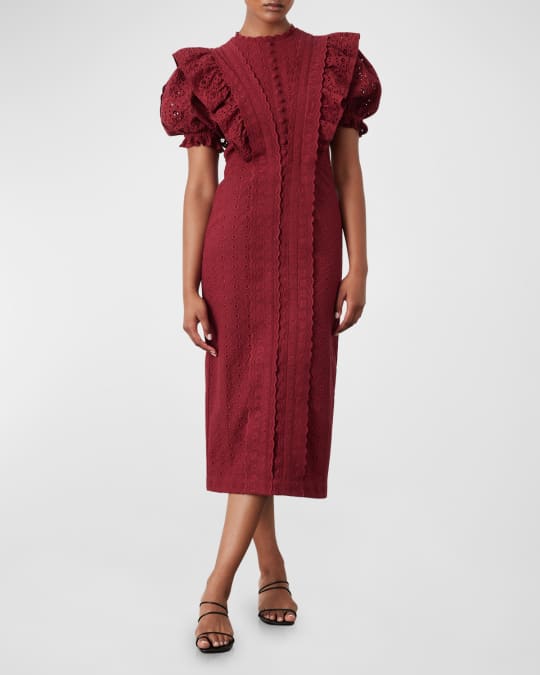 JOSLIN Nadiya Puff-Sleeve Eyelet Ruffle Midi Dress | Neiman Marcus