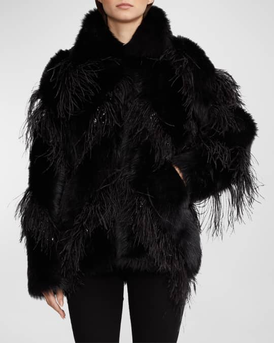 Emiliano Feather Trim Sequin Chevron Lamb Shearling Coat