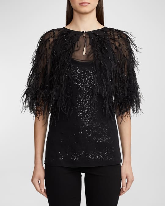 Ralph Lauren Collection Kerenza Feather Beaded-Fringe Short-Sleeve