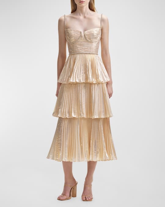 Self Portrait Gold Metallic Tiered Diamante Trim Midi Dress