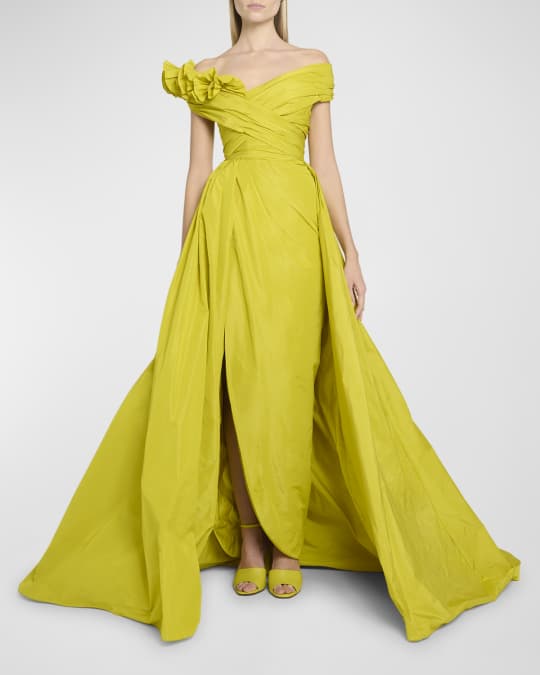 Ruffle Off-The-Shoulder Overskirt Taffeta Gown