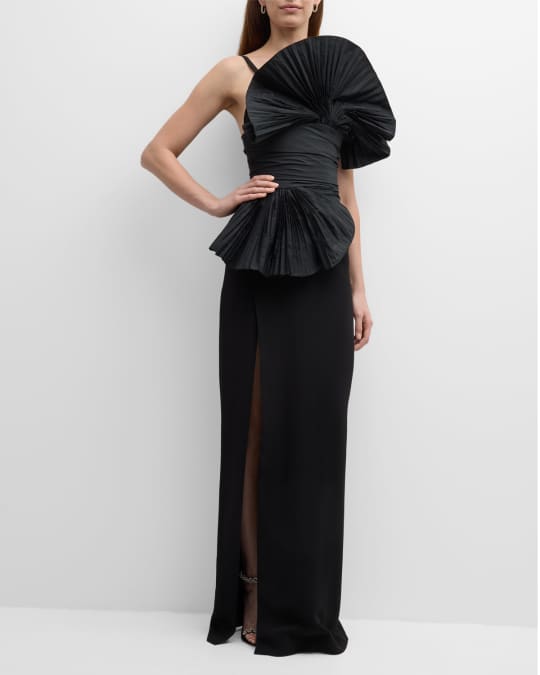 Elie Saab Crepe and Taffeta Column Gown with Pleated Applique Detail ...