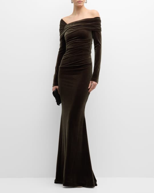 Off The Shoulder Long Sleeve Stretch Velvet Gown