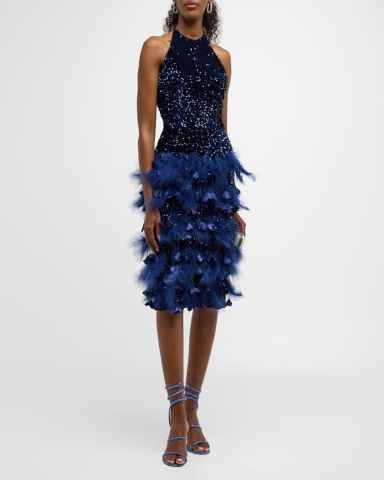 Tassiadi Halter Rhinestone Feather Dress