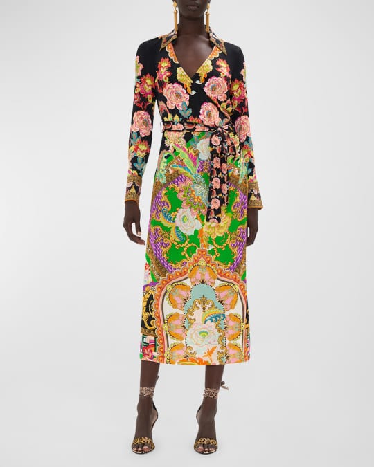 Camilla Mixed-Print Jersey Midi Faux-Wrap Dress | Neiman Marcus
