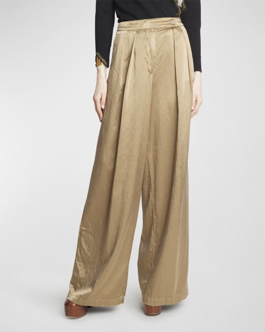 High-rise silk-blend wide-leg pants in green - Dries Van Noten