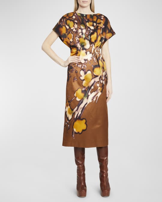 Dries Van Noten Dezos Oil-Print Short-Sleeve Midi Dress | Neiman