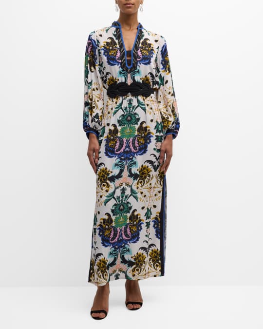 Figue Clove Baroque-Print Long-Sleeve Belted Maxi Dress | Neiman Marcus