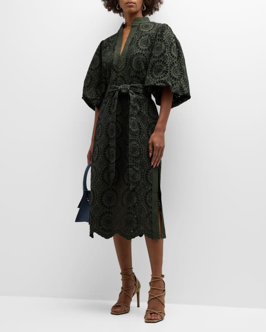 Figue Danya Eyelet Embroidered Midi Dress with Tie Belt | Neiman Marcus