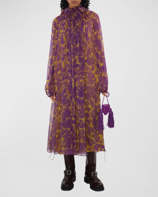 Burberry Chiffon Midi Dress with Floral Applique Detail Neiman Marcus