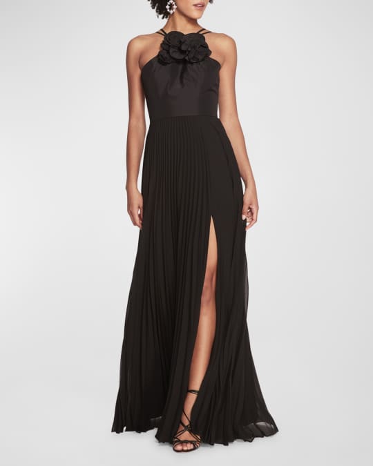 Sleeveless Pleated Chiffon Halter Gown