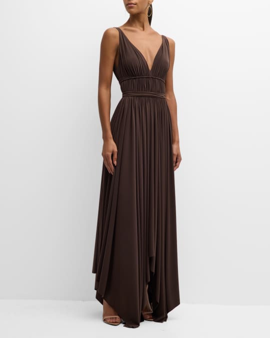 Norma Kamali Goddess Deep V Draped Handkerchief Gown | Neiman Marcus