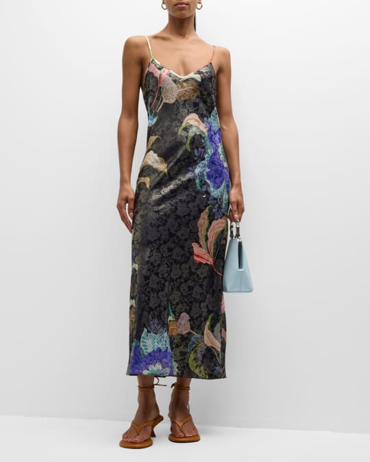 Adriana Iglesias Carlota Metallic Floral Midi Slip Dress | Neiman Marcus