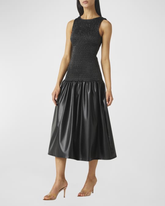 black dress with leather panels Pleated faux leather panel long-sleeve dress - Black main image 1