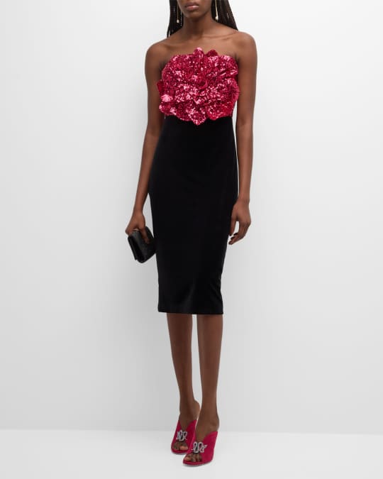 Badgley Mischka Collection Strapless Sequin Rosette Velvet Dress Neiman Marcus