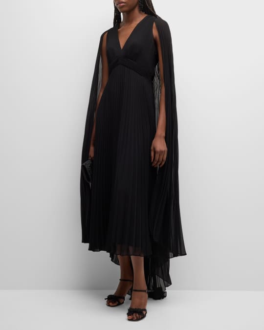 knee length dresses for ladies V-NECK CAPE LONG SLEEVE PLEATED MAXI DRESS (LIGHT GOLD) – Dress Code Chic  Official main image 0