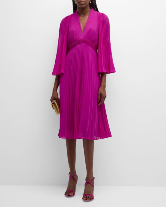 Pink Pleated Empire Puff Sleeve Midi Dress Pink Pleated Empire Puff Sleeve Midi Dress