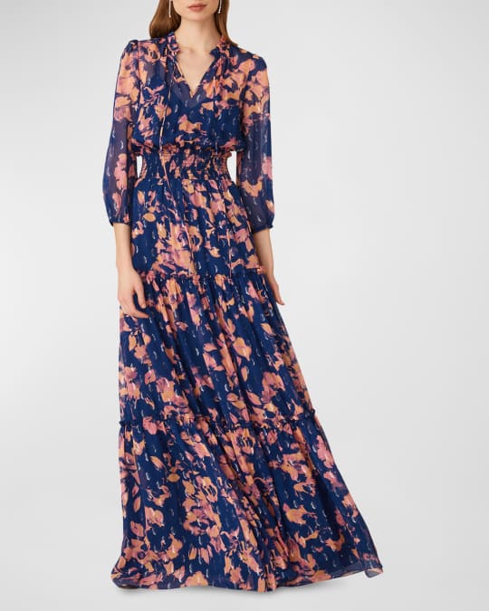 Shoshanna Tiered Floral-Print Smocked Gown | Neiman Marcus