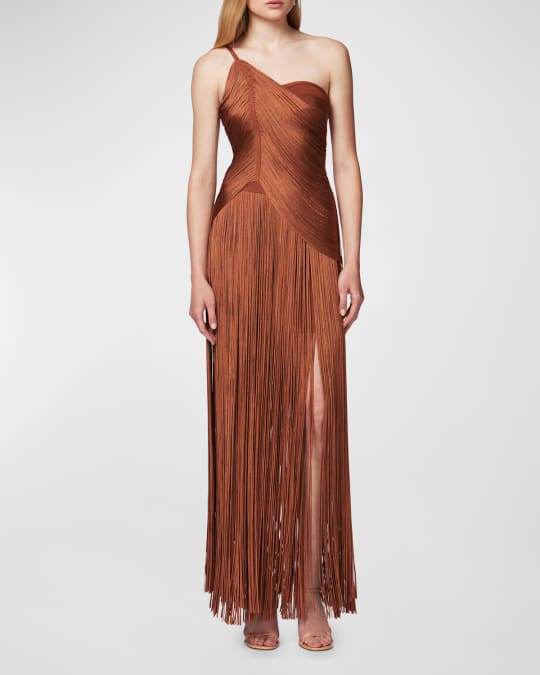 Draped Fringe One Shoulder Gown