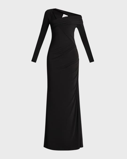 Herve Leger Asymmetric Long-Sleeve Ruched Jersey Gown | Neiman Marcus