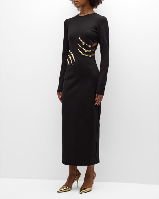 AREA Crystal Claw Cutout Long-Sleeve Column Gown | Neiman Marcus