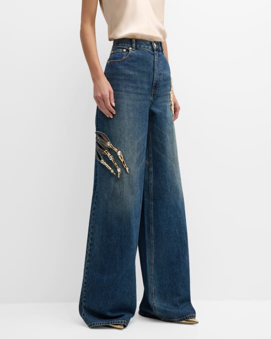 AREA Mid-Rise Crystal Claw Cutout Wide-Leg Jeans | Neiman Marcus