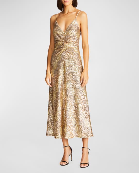 Halston Alesandra Sleeveless Ruched Sequin Midi Dress | Neiman Marcus