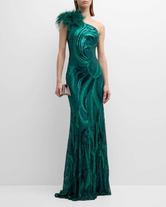 Jovani One Shoulder Feather Trim Sequin Gown Neiman Marcus
