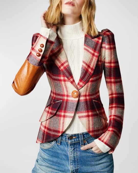 Pouf Sleeve Single Breasted Plaid Blazer with Leather Trim