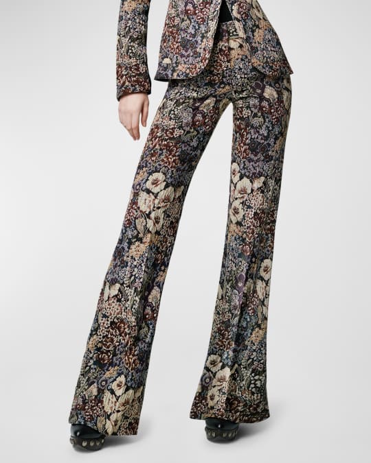 Colorful Abstract Floral-Print Wide-Leg Pants With Pleated Cuffs