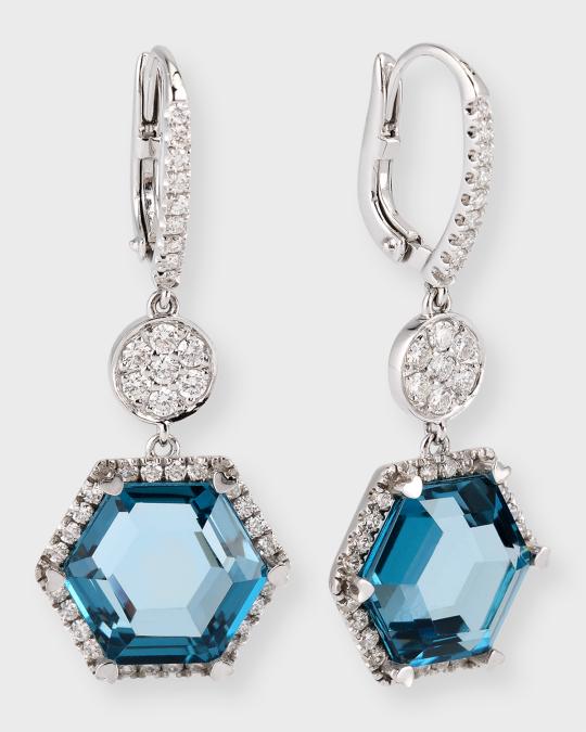 Lisa Nik Rocks 18K White Gold Hexagon Blue Topaz Diamond Halo Disc Drop ...