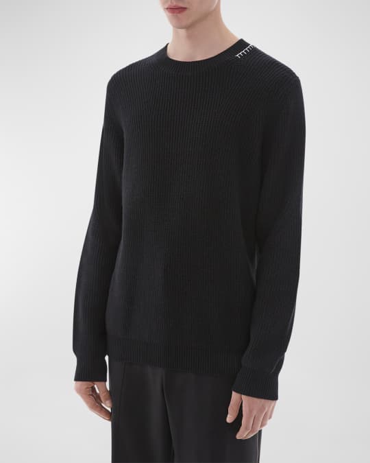Helmut Lang Men's Ribbed Sweater with Embroidered Collar Neiman Marcus